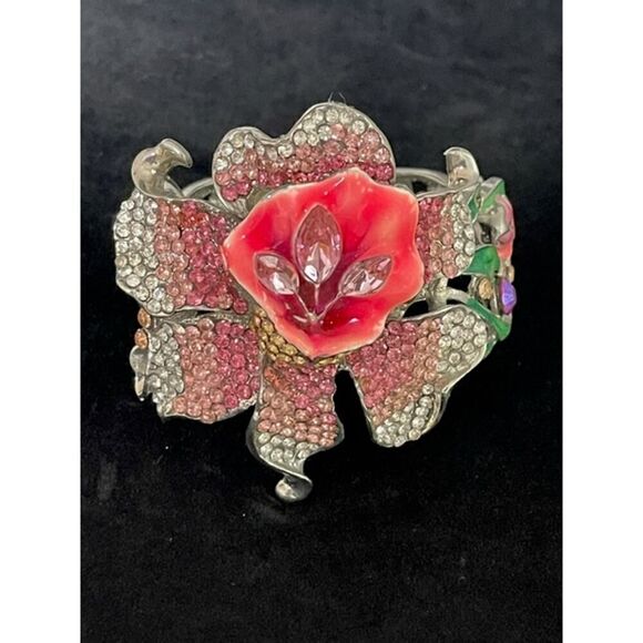HSN Pink Coral Rhinestone Iris Orchid Bangle Hinged Bracelet - Picture 1 of 4